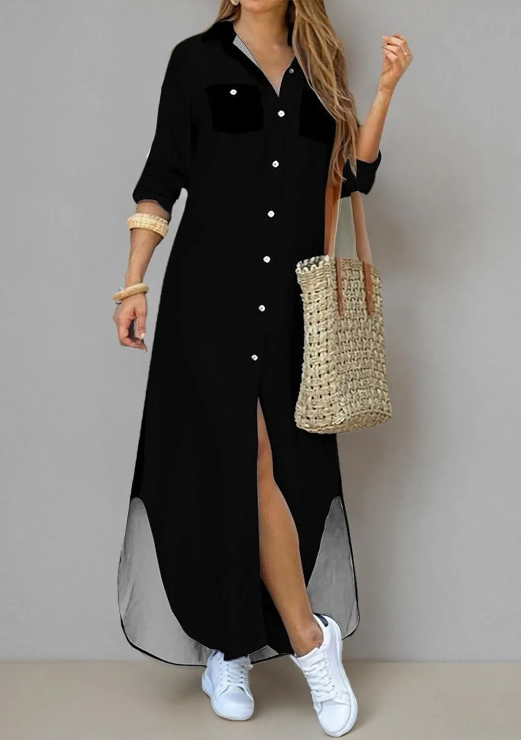 DIACACY W9omen's Casual Lapel Collar Floral Print Maxi Dresses Side Slit Long Sleeves Loose Slim Shirt Dresses