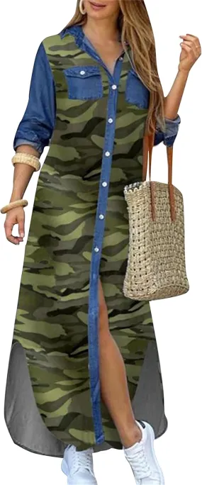 DIACACY W9omen's Casual Lapel Collar Floral Print Maxi Dresses Side Slit Long Sleeves Loose Slim Shirt Dresses