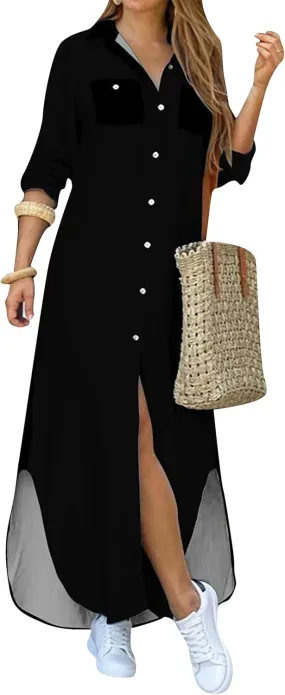 DIACACY W9omen's Casual Lapel Collar Floral Print Maxi Dresses Side Slit Long Sleeves Loose Slim Shirt Dresses