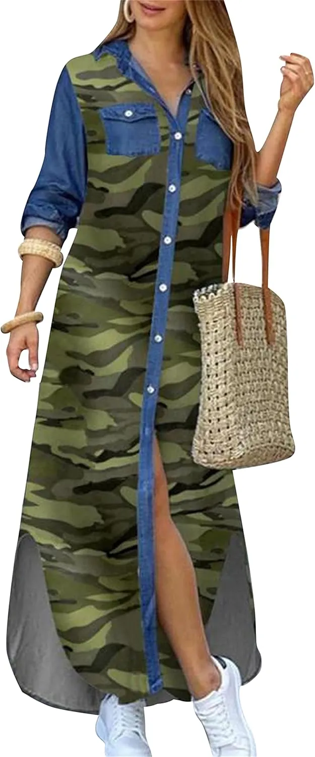 DIACACY W9omen's Casual Lapel Collar Floral Print Maxi Dresses Side Slit Long Sleeves Loose Slim Shirt Dresses