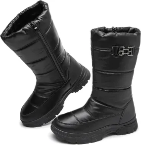 FINIWOR Women's Snow Boots, Waterproof Mid Calf Winter Boots, Warm Faux Fur Lined, Side Zipper, Non-Slip, Black, US 13