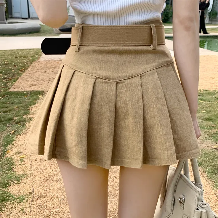 High Waist Pleated Belt A-Line Skirt