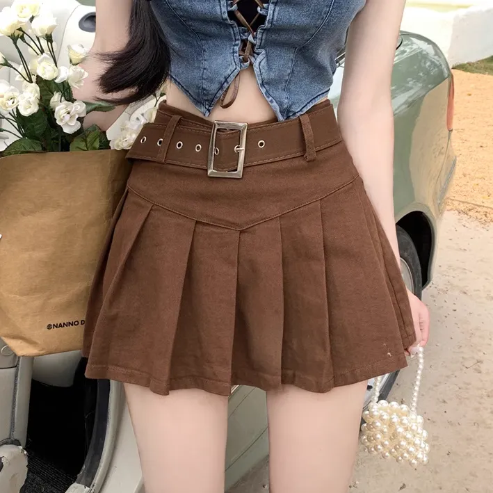 High Waist Pleated Belt A-Line Skirt