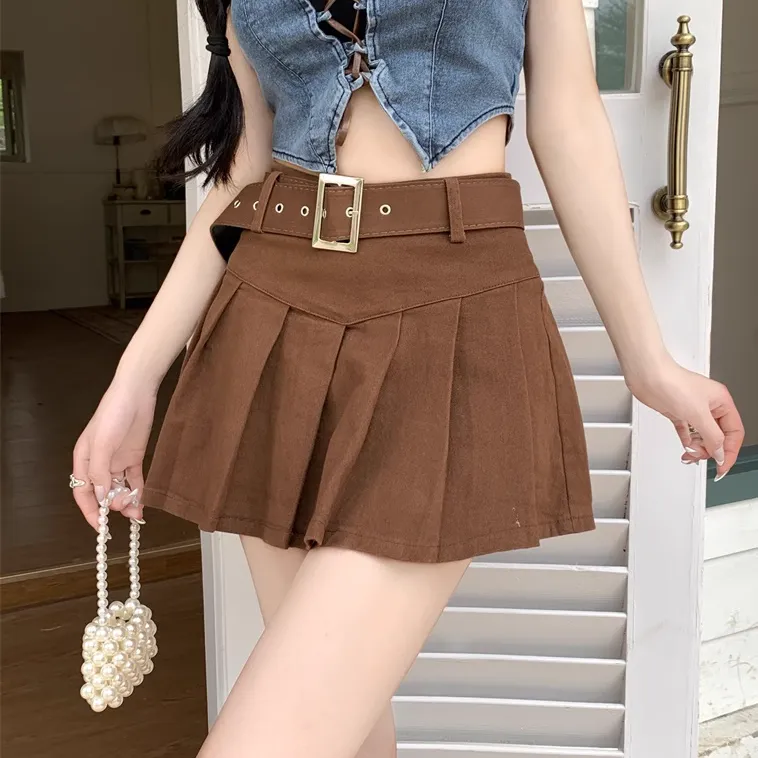 High Waist Pleated Belt A-Line Skirt