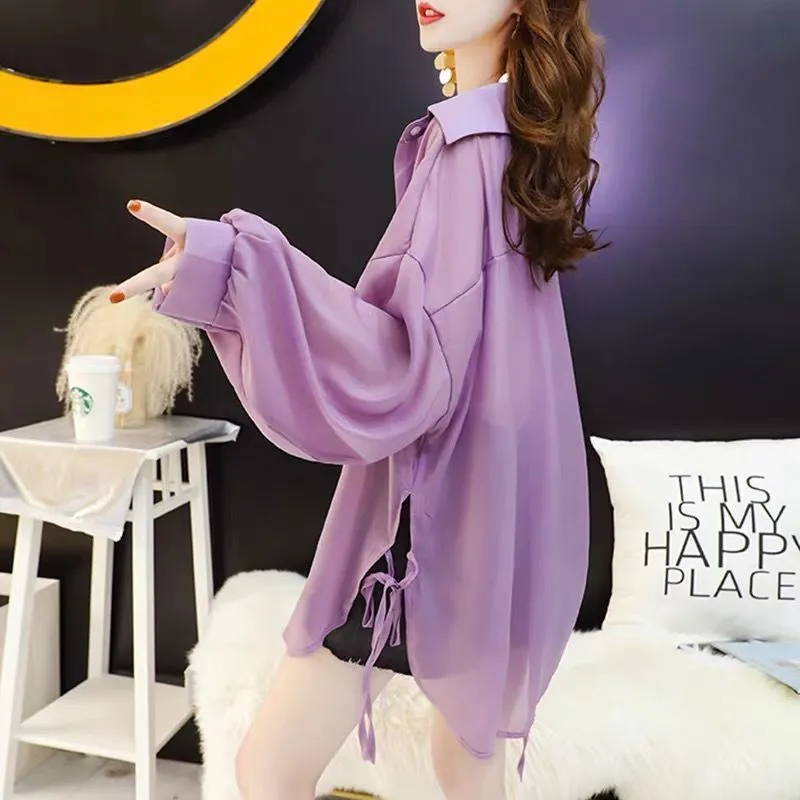 Joskaa Christmas Gift Shirts Women Summer Solid Basic Blouses Chiffon Lace Up Ladies Lapel Ulzzang Transparent Newest Trendy Daily Ins Outerwear Tunic