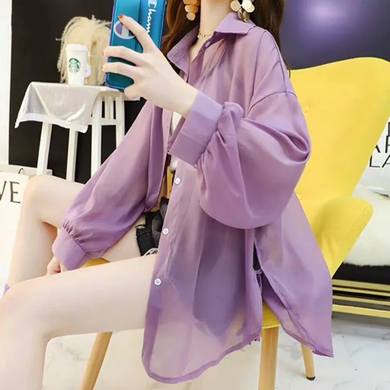 Joskaa Christmas Gift Shirts Women Summer Solid Basic Blouses Chiffon Lace Up Ladies Lapel Ulzzang Transparent Newest Trendy Daily Ins Outerwear Tunic