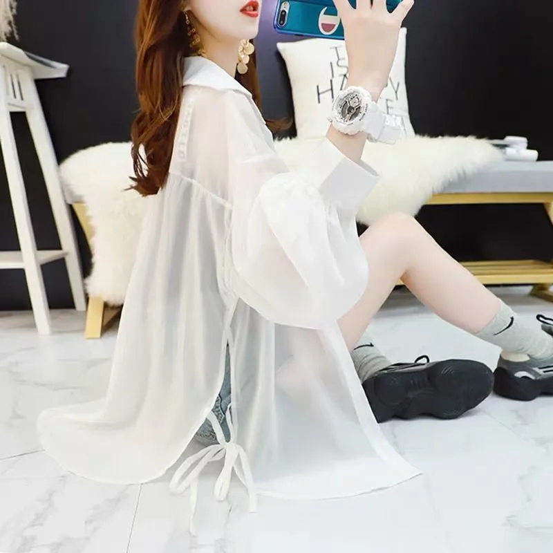 Joskaa Christmas Gift Shirts Women Summer Solid Basic Blouses Chiffon Lace Up Ladies Lapel Ulzzang Transparent Newest Trendy Daily Ins Outerwear Tunic