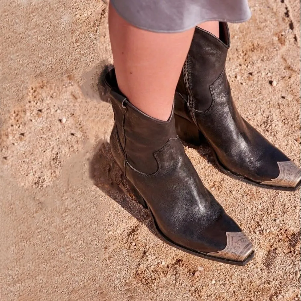 keleimusi Women's Western Cowgirl Ankle Boots Stacked Block Heel Cowboy Booties Steel Toe Heeled Short Cowboy Boots Side Zipper Western Booties for Women