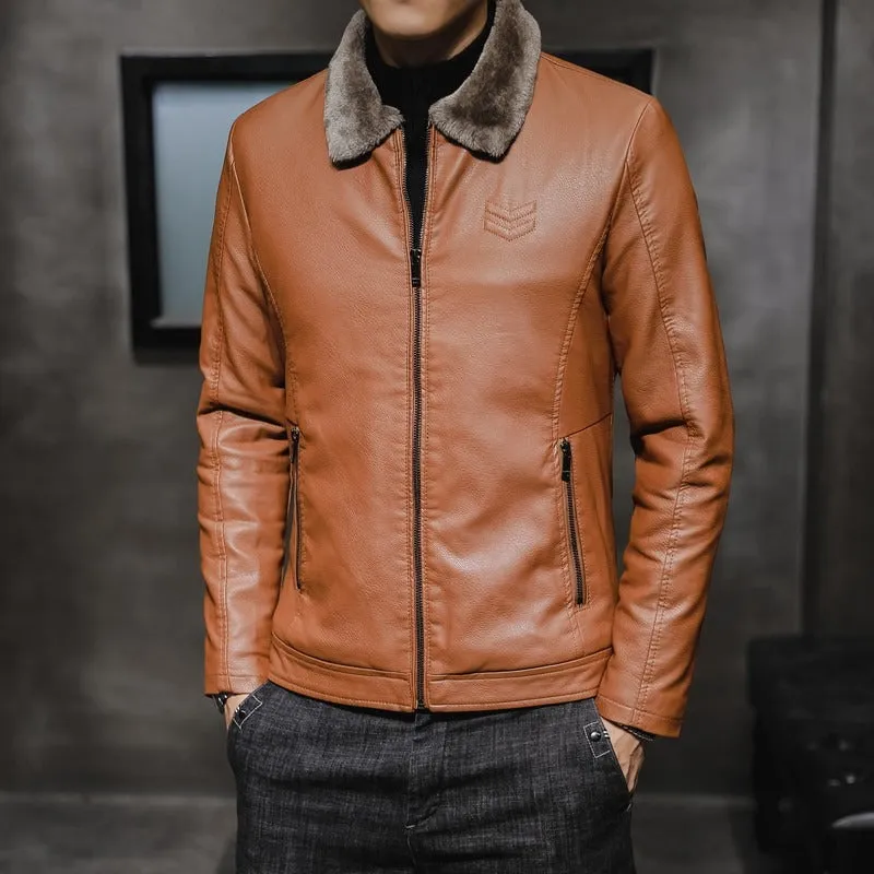 Men's Lapel Collar Plush Lined PU Leather Jacket (3 colors)
