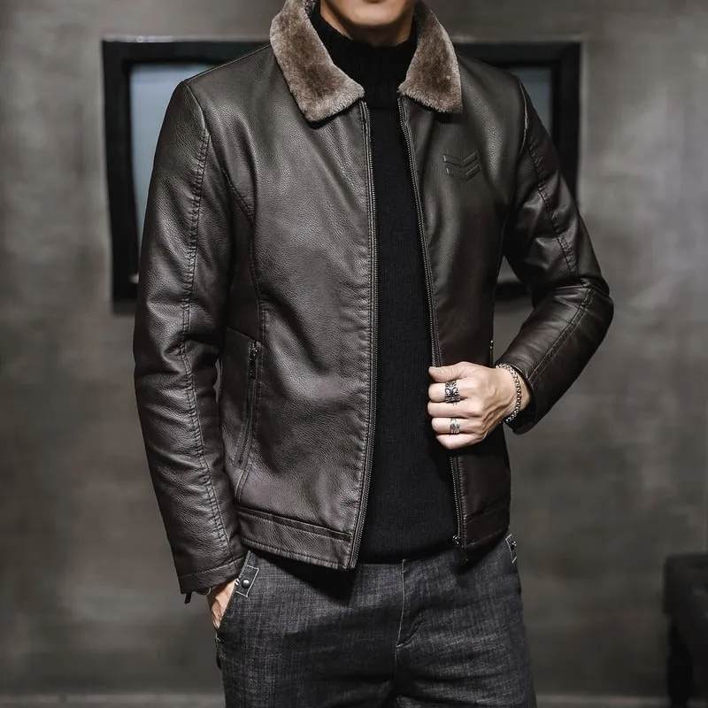 Men's Lapel Collar Plush Lined PU Leather Jacket (3 colors)