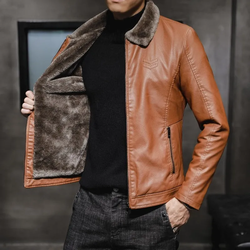 Men's Lapel Collar Plush Lined PU Leather Jacket (3 colors)