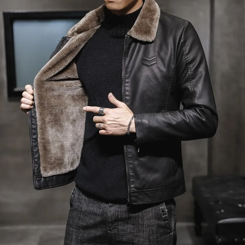 Men's Lapel Collar Plush Lined PU Leather Jacket (3 colors)