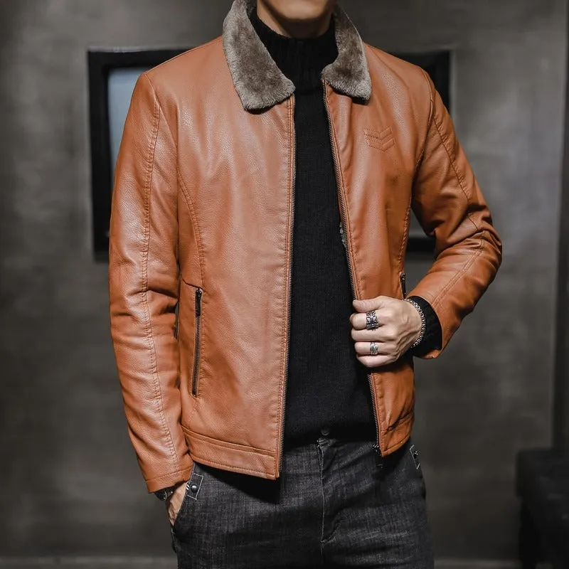 Men's Lapel Collar Plush Lined PU Leather Jacket (3 colors)