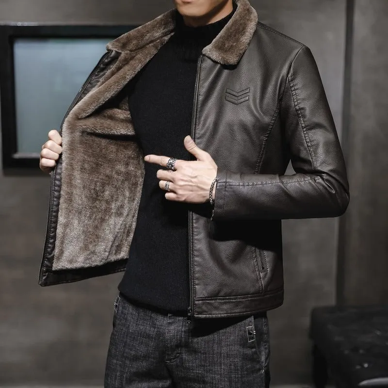Men's Lapel Collar Plush Lined PU Leather Jacket (3 colors)