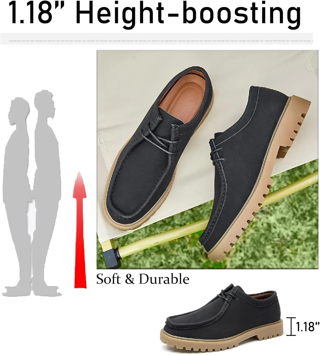Men's Leather Lace Up Platform Penny Loafers Retro Comfort Round Toe Non-Slip Lug Sole Block Heel Casual Derbys for Business Office Driving Walking Shoes