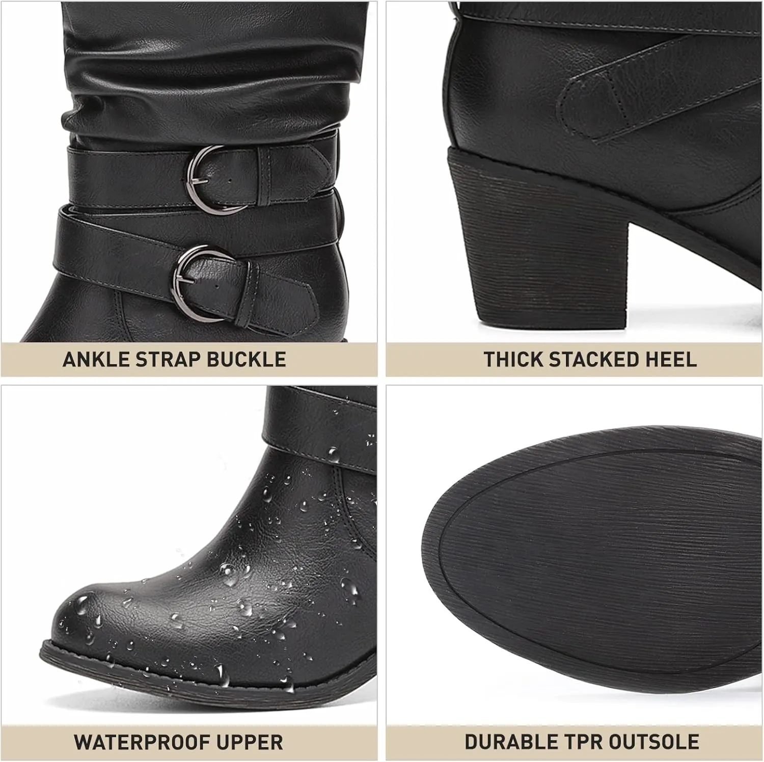 RELLSA Women's Wide Calf Knee High Boots Round Toe Slouchy Mid Chunky Block Heel Fashion Winter Shoes