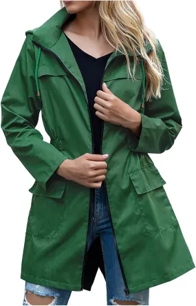 Uillui Womens Lightweight Hooded Trench Coat Waterproof Active Outdoor Rain Jacket Solid Color Mid-Length Windbreaker Jacket
