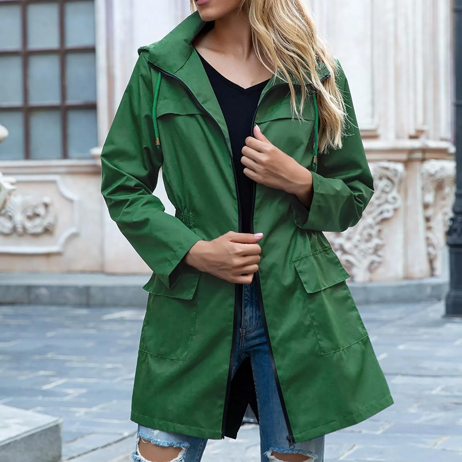 Uillui Womens Lightweight Hooded Trench Coat Waterproof Active Outdoor Rain Jacket Solid Color Mid-Length Windbreaker Jacket