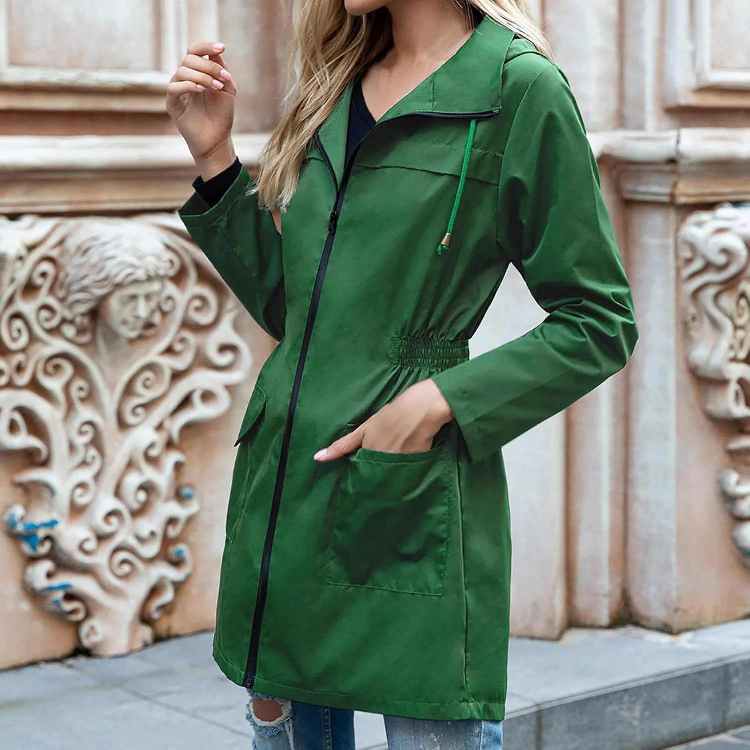 Uillui Womens Lightweight Hooded Trench Coat Waterproof Active Outdoor Rain Jacket Solid Color Mid-Length Windbreaker Jacket
