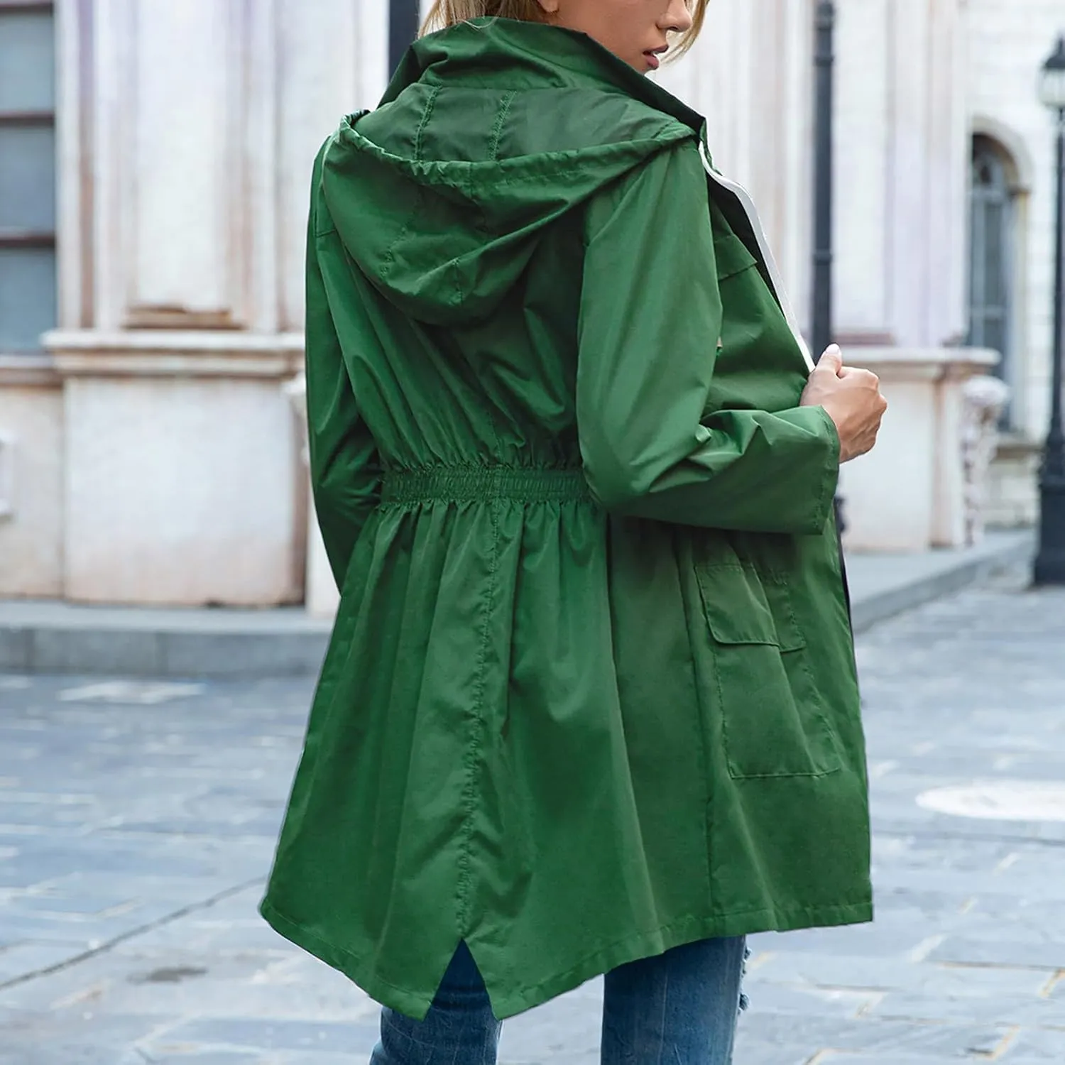 Uillui Womens Lightweight Hooded Trench Coat Waterproof Active Outdoor Rain Jacket Solid Color Mid-Length Windbreaker Jacket