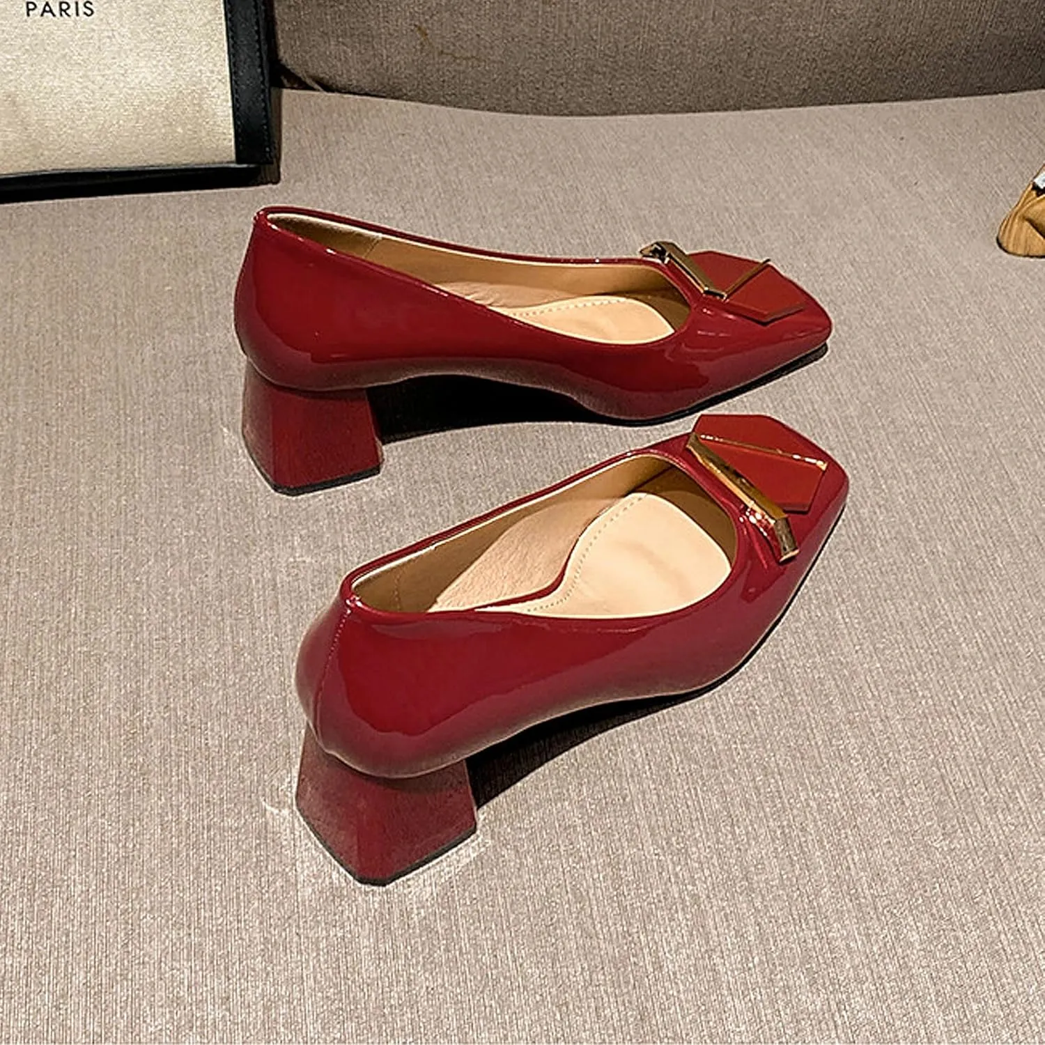 Women's Block Square Toe Solid Slip On Chunky High Heel Pumps Shoes Comfortable 1.97 Inch Single Shallow Mouth Heeled Office Clubbing Work Courts Party Wedding