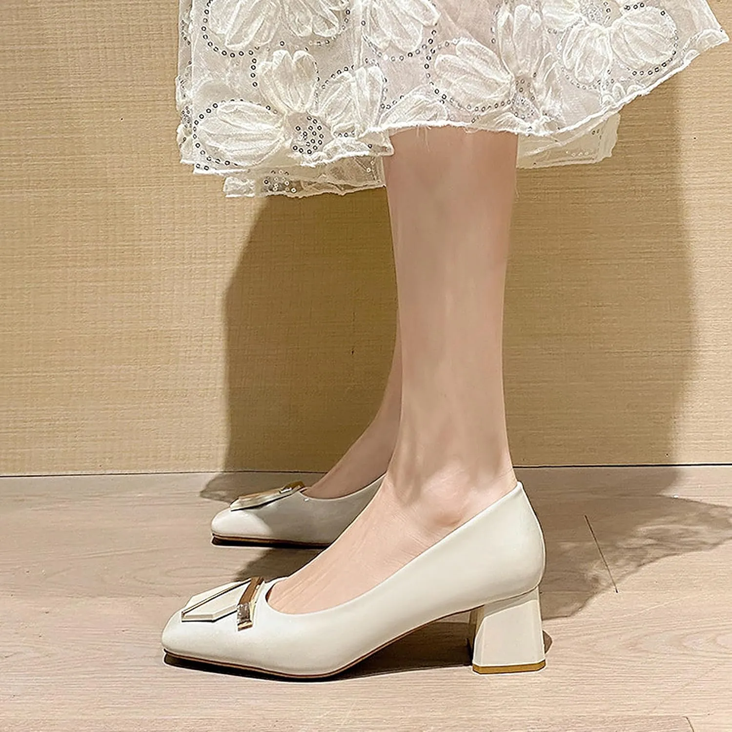 Women's Block Square Toe Solid Slip On Chunky High Heel Pumps Shoes Comfortable 1.97 Inch Single Shallow Mouth Heeled Office Clubbing Work Courts Party Wedding