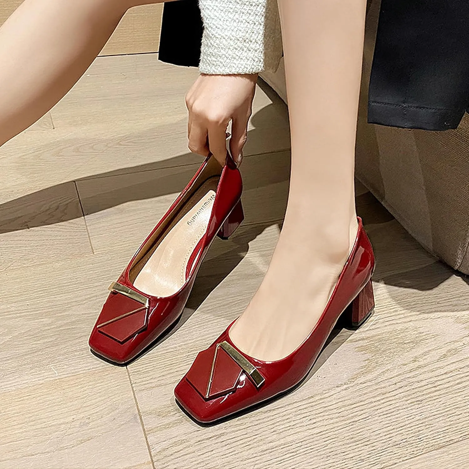 Women's Block Square Toe Solid Slip On Chunky High Heel Pumps Shoes Comfortable 1.97 Inch Single Shallow Mouth Heeled Office Clubbing Work Courts Party Wedding