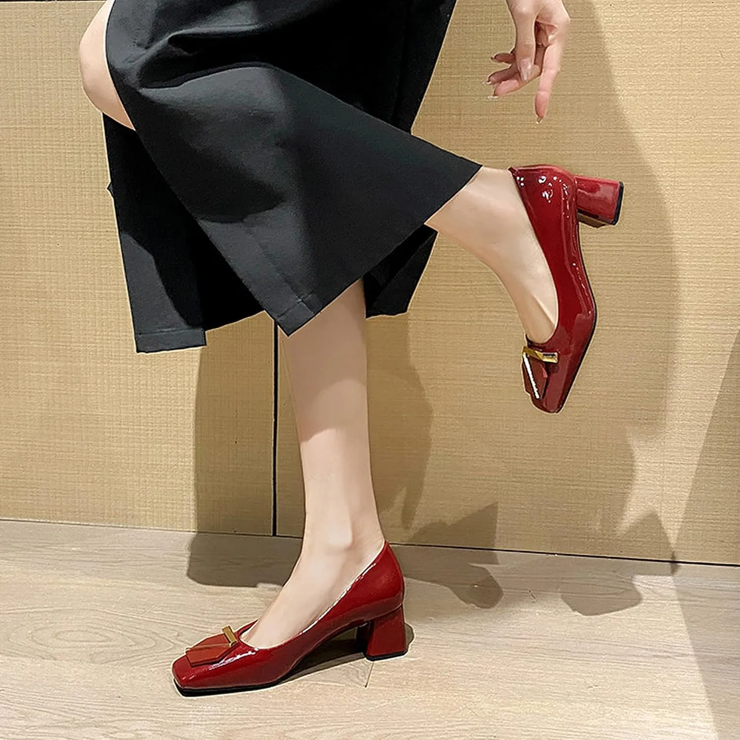 Women's Block Square Toe Solid Slip On Chunky High Heel Pumps Shoes Comfortable 1.97 Inch Single Shallow Mouth Heeled Office Clubbing Work Courts Party Wedding
