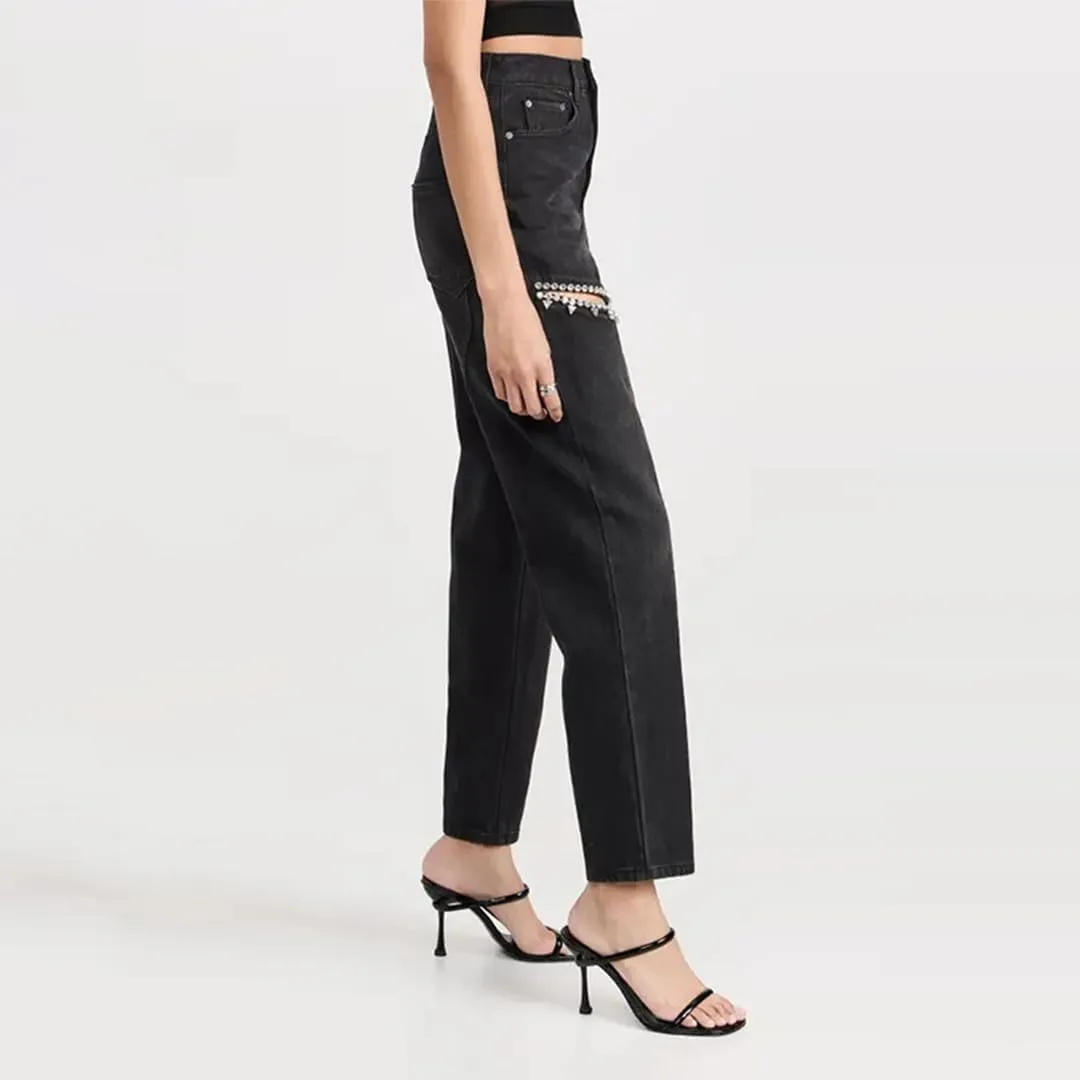 Women's Y2k Baggy Rhinestone Distressed Pants