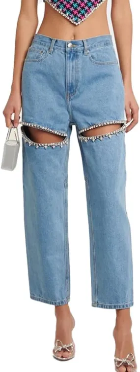 Women's Y2k Baggy Rhinestone Distressed Pants
