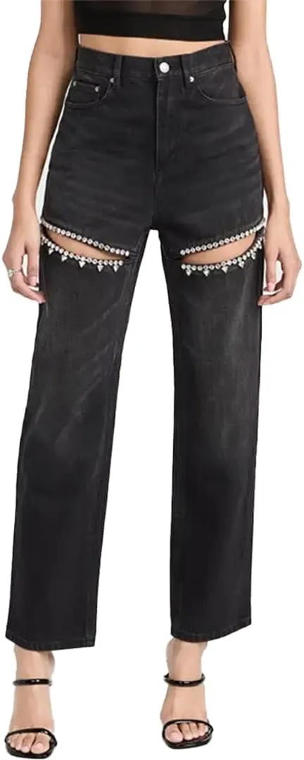 Women's Y2k Baggy Rhinestone Distressed Pants
