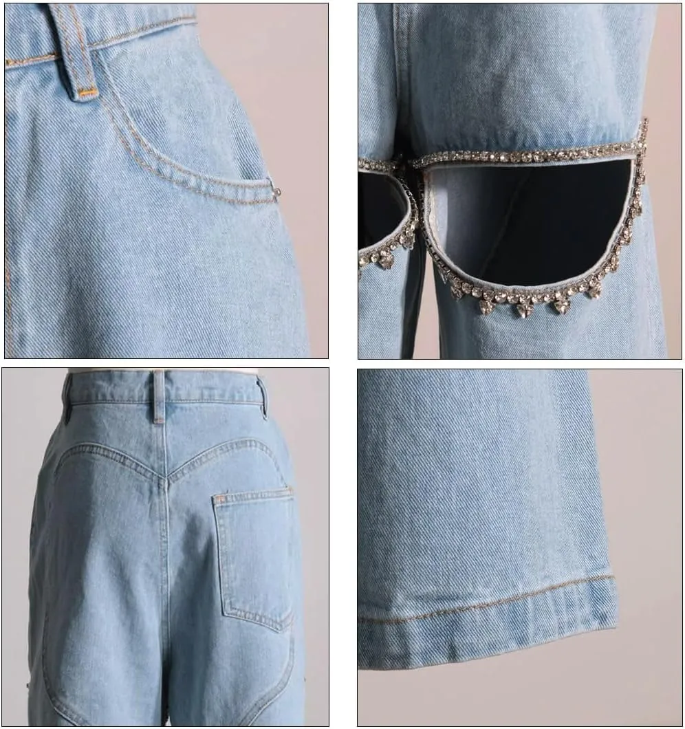 Women's Y2k Baggy Rhinestone Distressed Pants