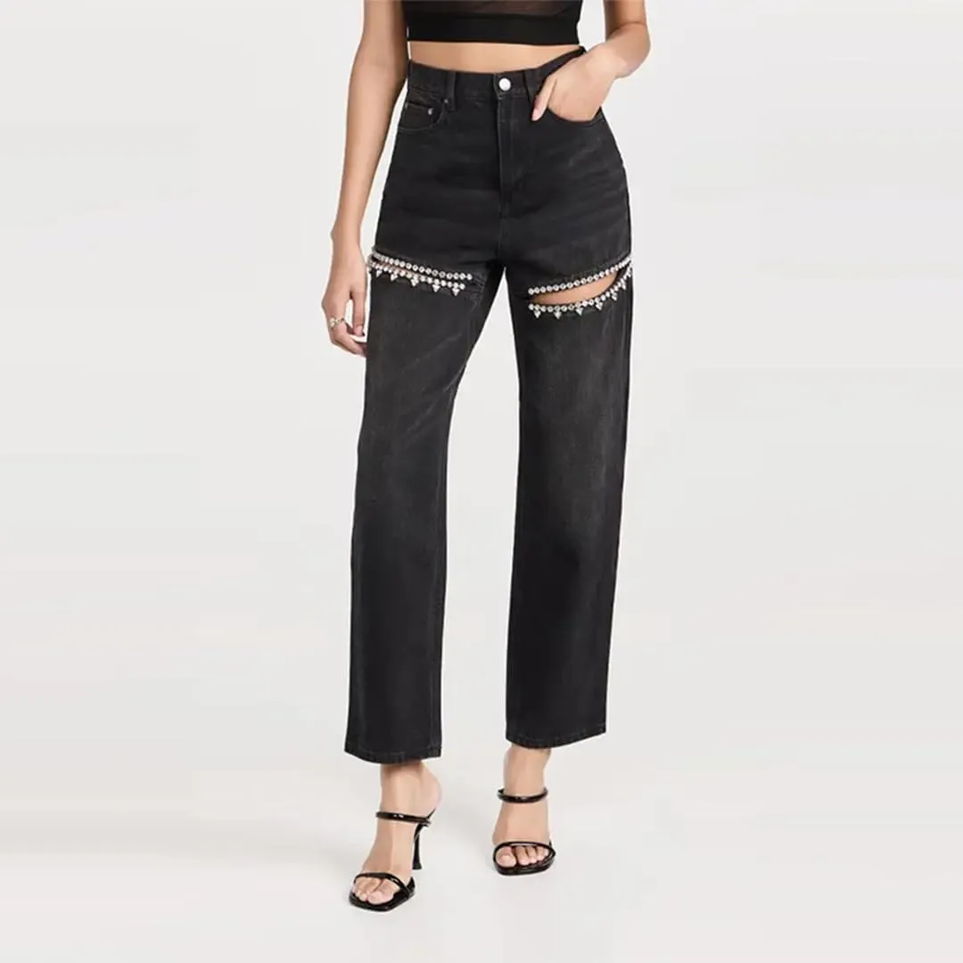 Women's Y2k Baggy Rhinestone Distressed Pants