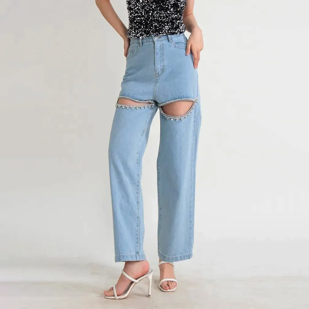 Women's Y2k Baggy Rhinestone Distressed Pants