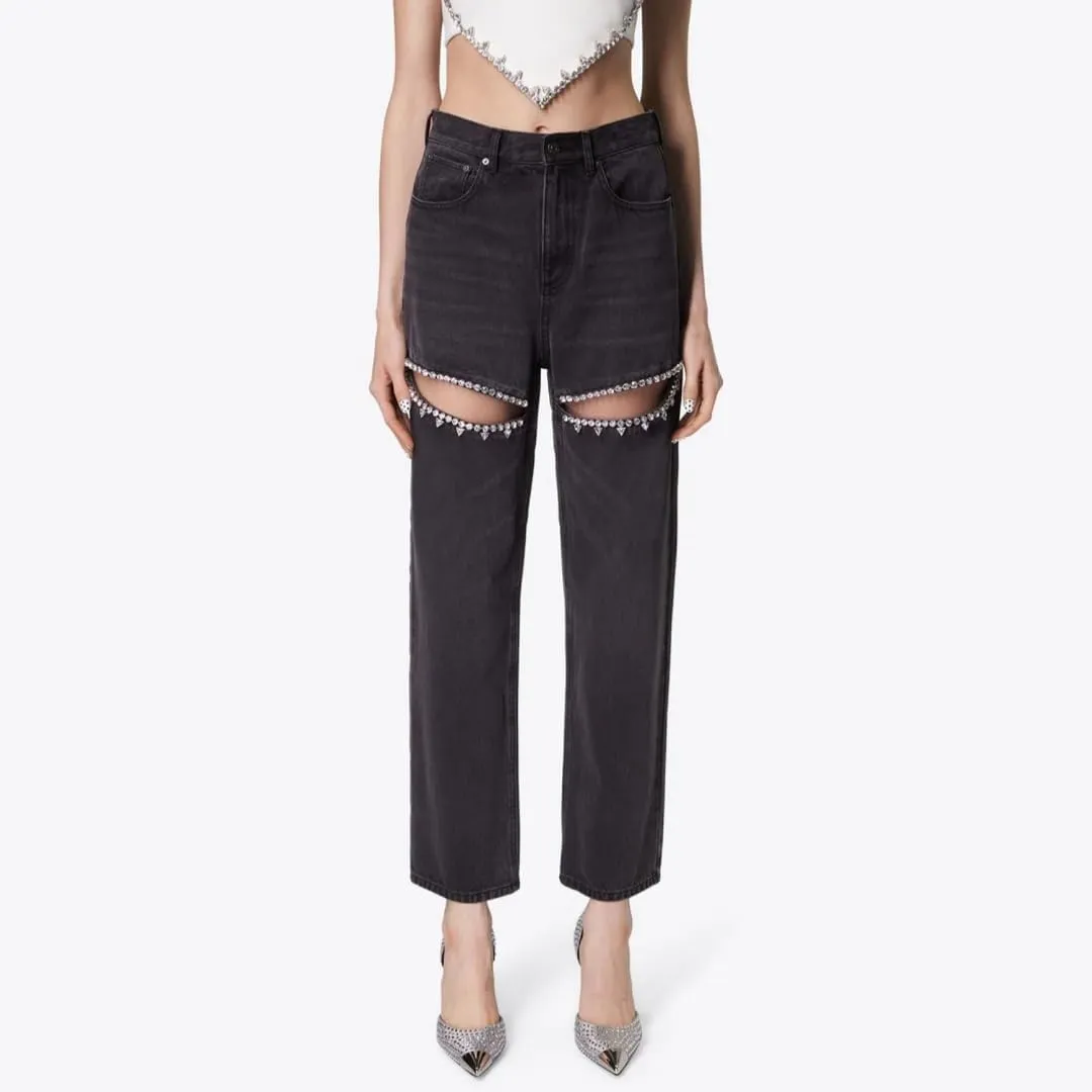 Women's Y2k Baggy Rhinestone Distressed Pants