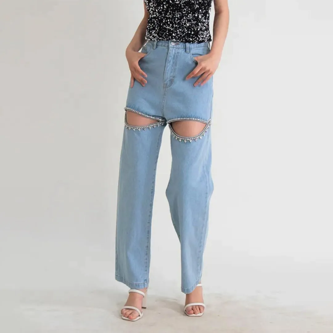 Women's Y2k Baggy Rhinestone Distressed Pants